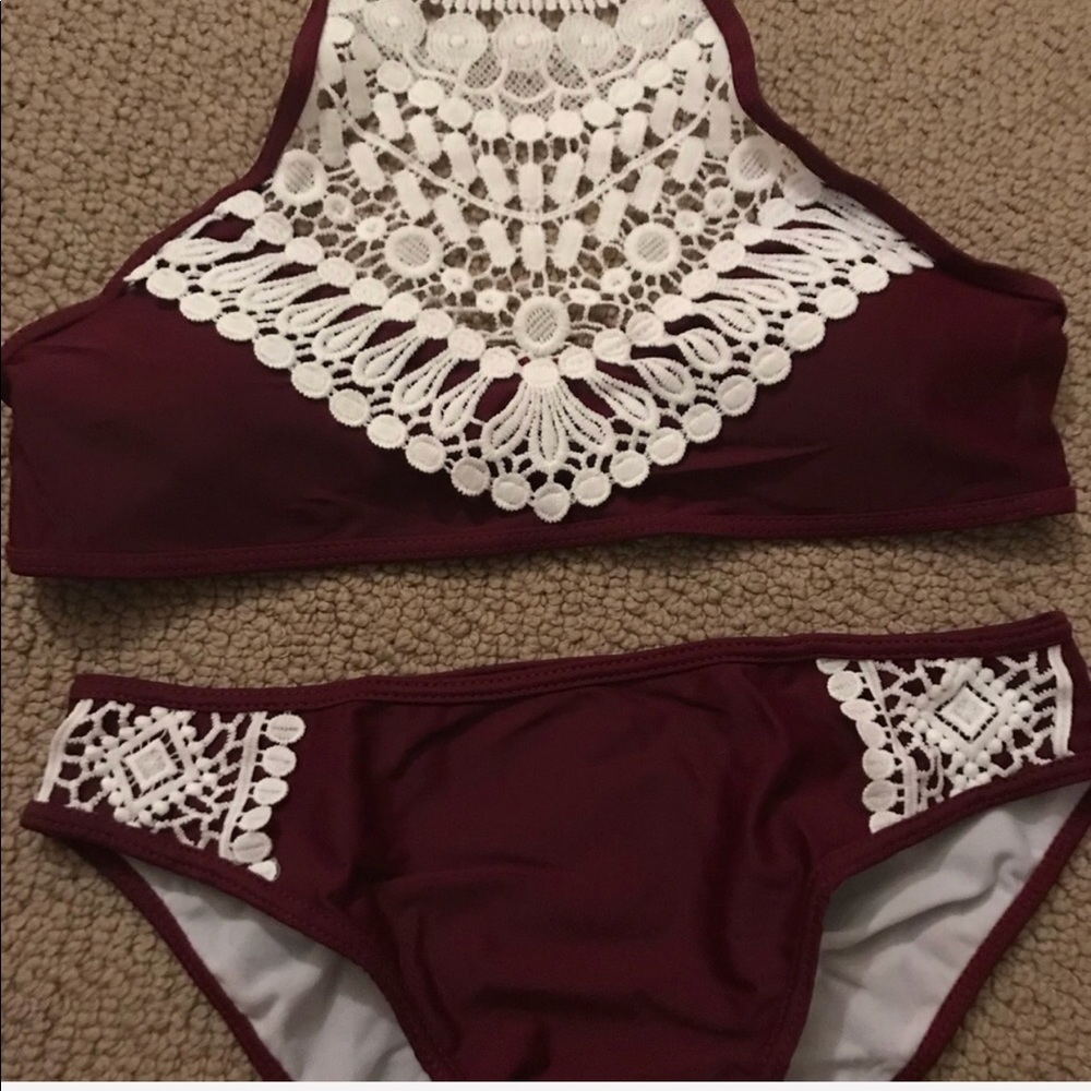 Burgundy and White High Neck Crochet Bikini - Picture 2 of 3